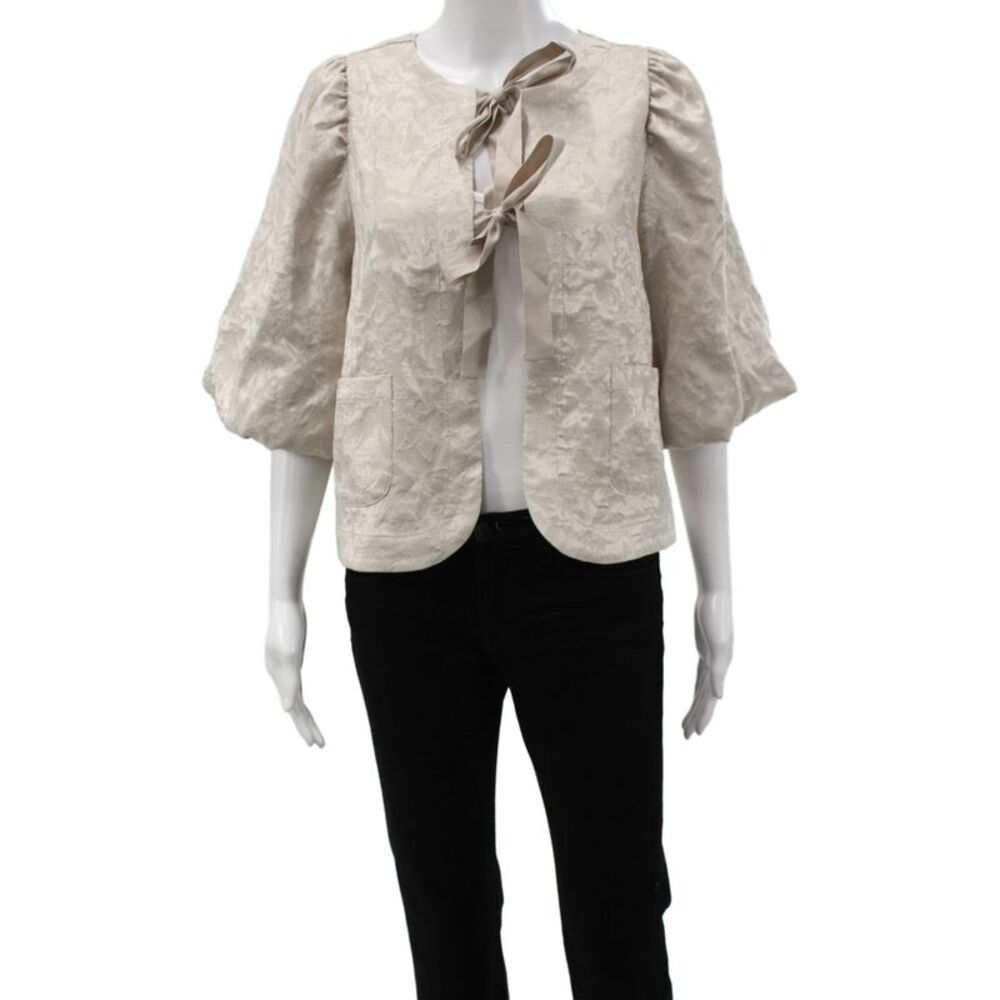 Summum Women Beige Floral Tie Jacket Round Neck 3/4 Sleeve Size 34